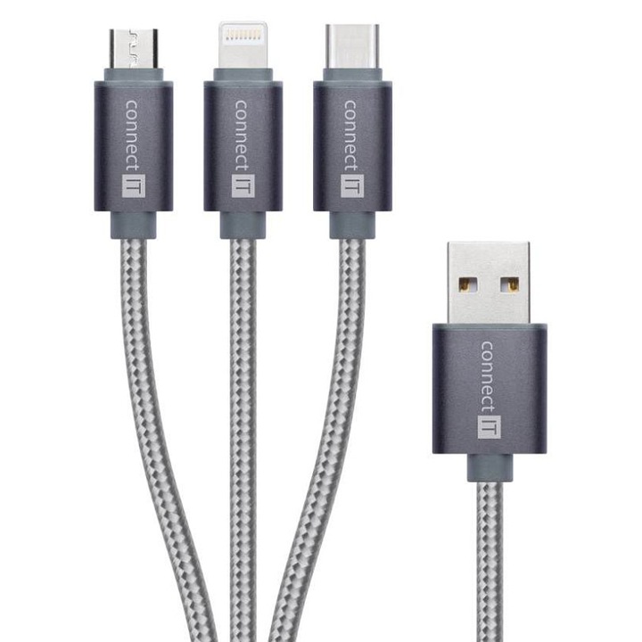 Connect IT Wirez 3in1 USB kábel, 3 az 1-ben USB-A-ról USB-C-re/Micro USB-re/Lightning-ra, fém nylon fonat, alumínium csatlakozók, 2A gyors töltés, 1,2 m, ezüst