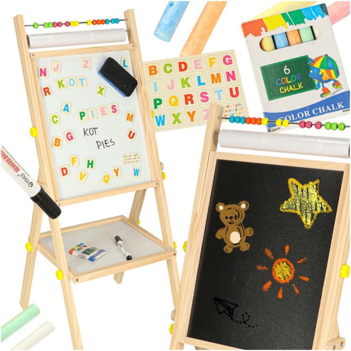 VarioShop® 2 az 1-ben Mágneses Oktatótábla, Fehér Tábla Markerrel és Fekete Tábla Krétával, Abakusz, Mágneses Betűk, Papírtartó, Kiegészítő Polc, Természetes Fa, 90cm