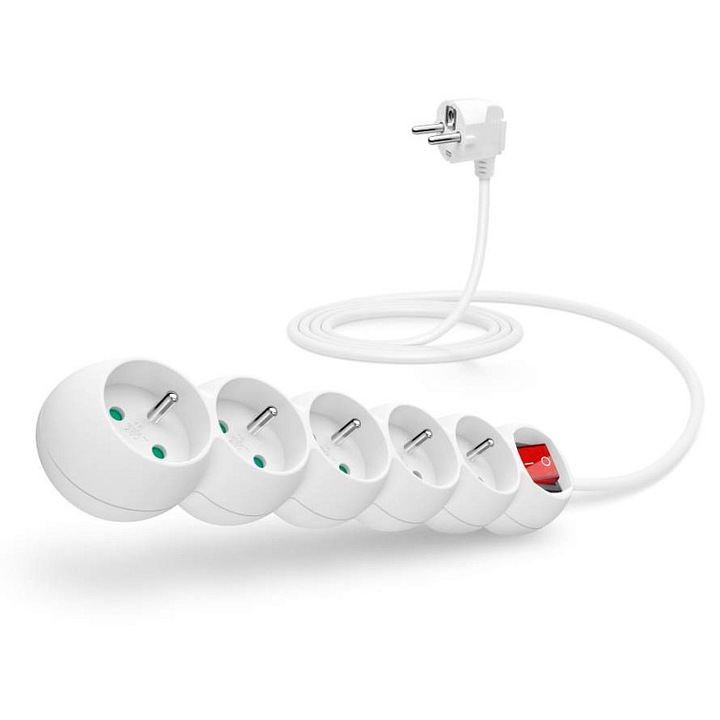 Connect IT PowerRex elosztó, 5 aljzat, 2 m kábel, ON/OFF kapcsoló és gyermekvédelem, fehér, 2500 W