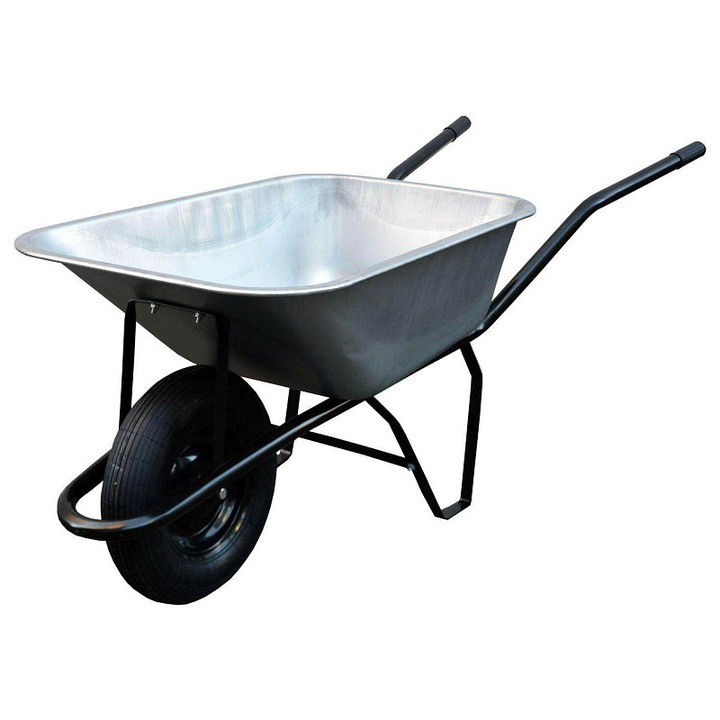 Roaba de constructie M.A.T. GROUP 80 l, corba zincata, roata pneumatica, capacitate 100 kg, argintiu/negru