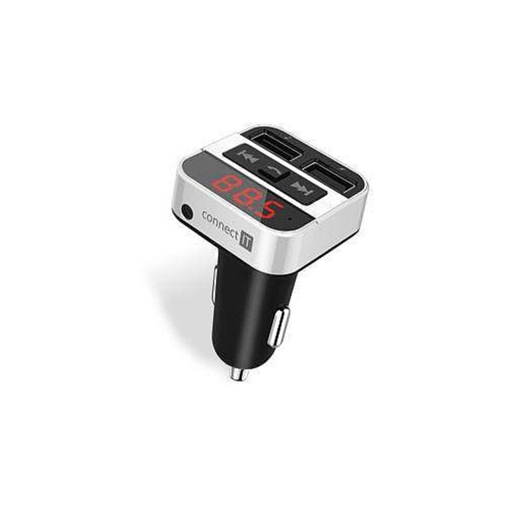Connect IT InCarz Bluetooth adó, kettős USB töltő, kihangosító, ezüst, 38x71x37mm