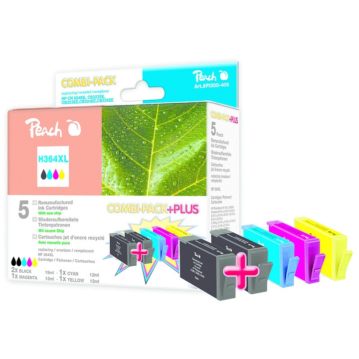 Cartuse compatibile Peach HP No 364XL MultiPack Plus, remanufacturate cu chip nou, capacitate XL, Negru/Cyan/Magenta/Galben, 5 buc (2x19 ml, 3x12 ml)
