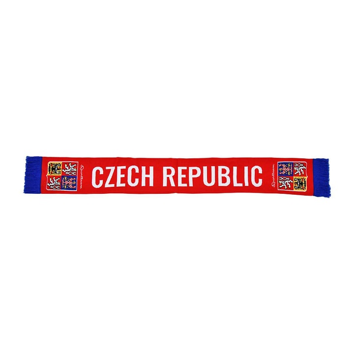 SportTeam®, Fular tricotat din acril pentru suporteri cu text Czech Republic si stema, CR 9, Rosu/Albastru, 130 x 18 cm