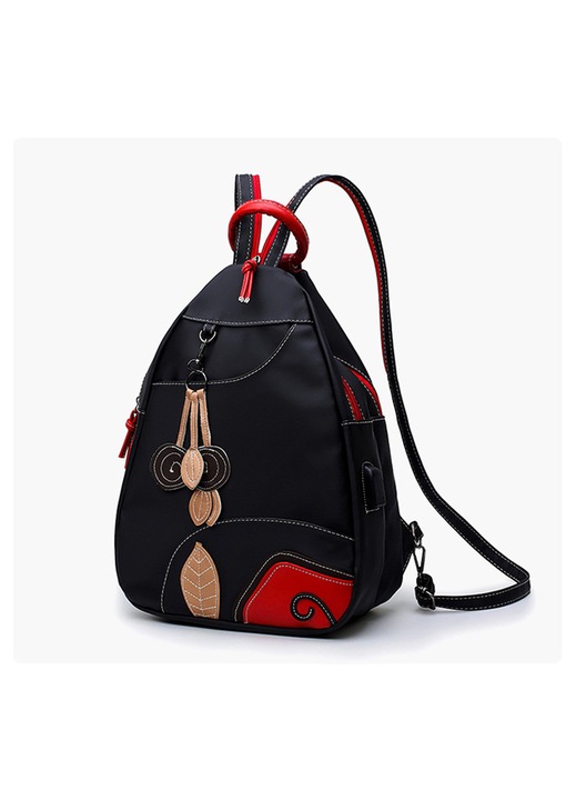 Geanta de umar din nylon usoara, cu port USB pentru incarcare, antifurt si multiple compartimente, convertibila umar/torace/poseta, negru/rosu, 26x13x39 cm