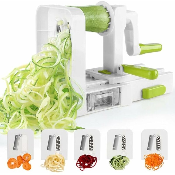 Spiralator pentru legume, spiralizer, 5 lame interschimbabile, din otel inoxidabil alimentar, cu ventuza pentru stabilitate, pliabil pentru depozitare, alb/verde