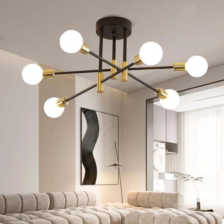 Lustra tavan, lampa de tavan vintage industrial, 6 socluri E27, reglabila si dimmabila, negru/auriu, 72 cm