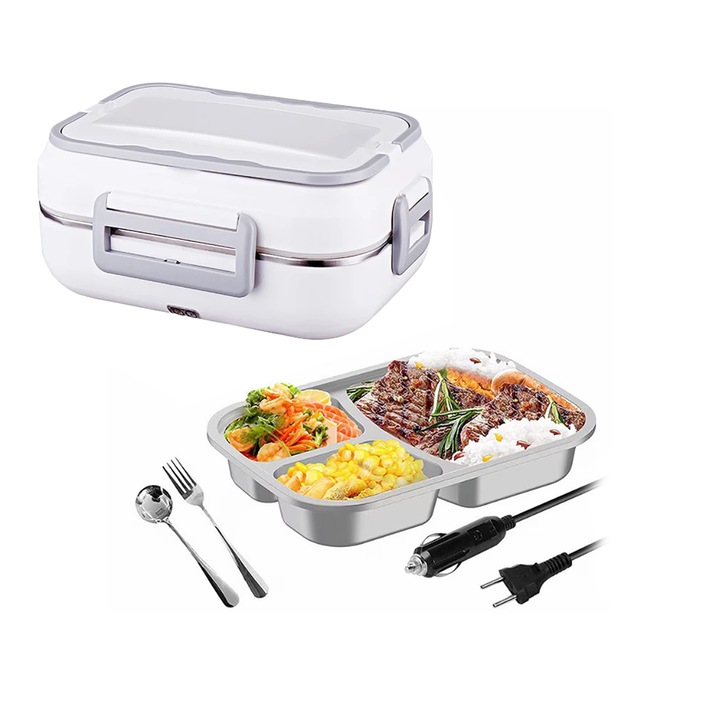 Caserola termica electrica NEXTLY, alimentare priza si auto, 3 compartimente, interior detasabil inox 304, furculita/lingura, manere integrate, 24x18.5x11.5cm, 1.5l, alb-gri