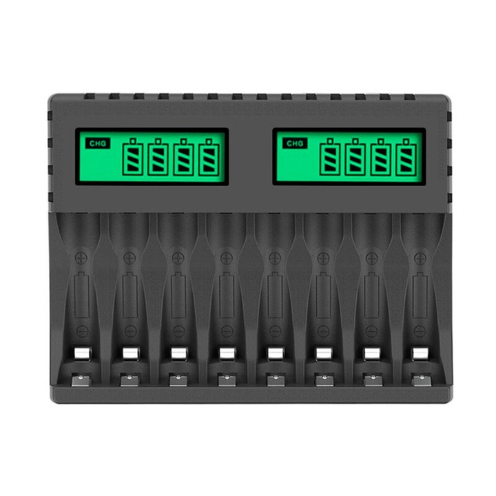 Incarcator baterii reincarcabile AA AAA, 8 sloturi, negru, 122x92x33mm