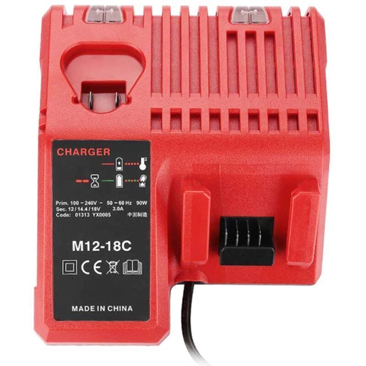 Incarcator/statie de incarcare M12-18C compatibil cu baterii Milwaukee 12V/14.4V/18V, iesire 3A, 100-240V, rosu