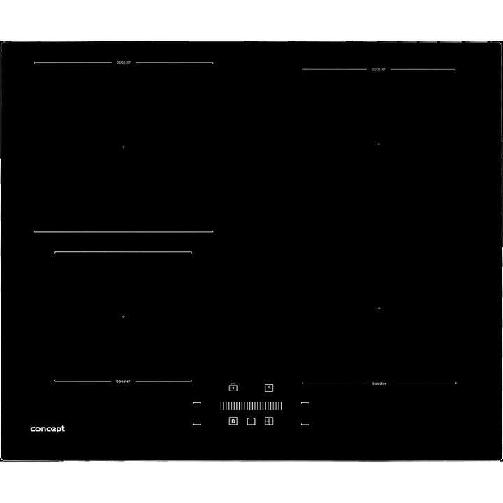 Concept IDV5160 indukciós főzőlap, flexi zóna (Bridge), 4x Powerbooster, érintőgombos csúszka vezérlés, fekete, 59x52 cm