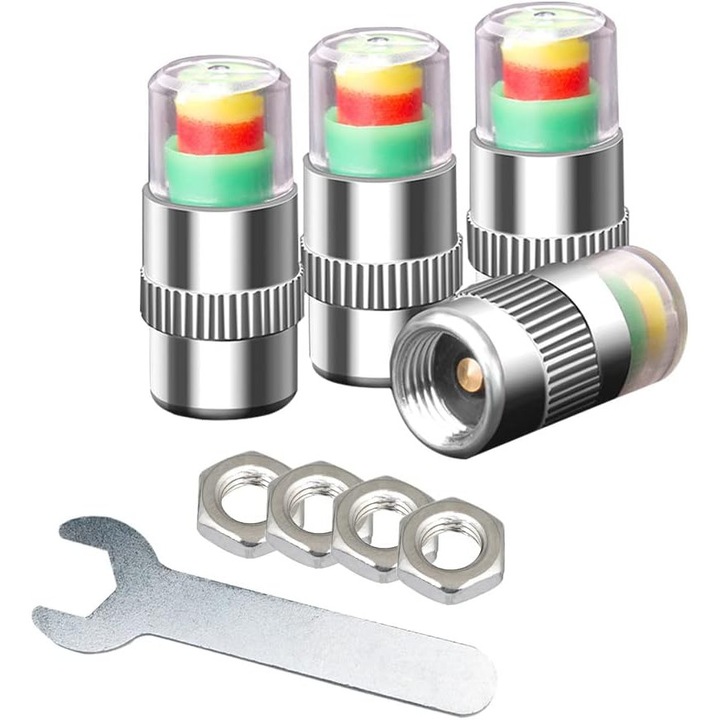 Capace valve presiune auto, dopuri valve cu indicator 3 culori verde-galben-rosu, metal cromat si PC, pentru 32-36 PSI (2.2-2.4 bar), cu piulite si cheie, argintiu/multicolor, 4 buc