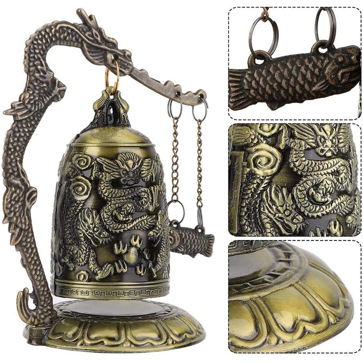 Clopotel decorativ vintage Dragon, electroplatat, cu totem dragon, sunet delicat, compact 12.7 cm, bronz, 1 buc