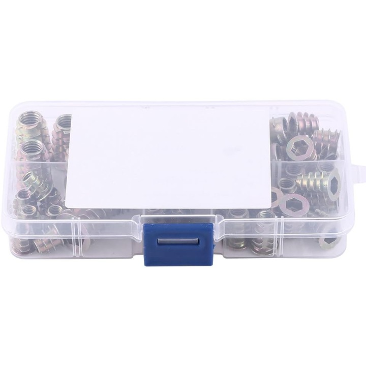 Set 50 piulite insert filetate, din aliaj de zinc, cu prindere hexagonala si filet pentru lemn, M4 10mm x10 / M5 10mm x10 / M6 10mm x10 / M6 15mm x10 / M8 20mm x5 / M10 25mm x5, zincat, 50 buc