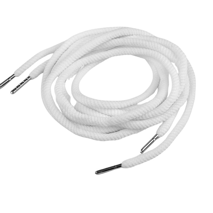 Snur alb rotund pentru hanorac si pantaloni sport cu capete metalice, siret textil din bumbac pentru gluga, jachete si incaltaminte, 130 cm