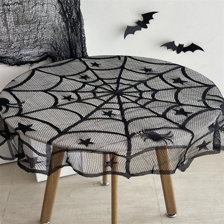 Halloween pókhálós asztalterítő, csipke, újrafelhasználható, fekete, kerek, 102 cm átmérő