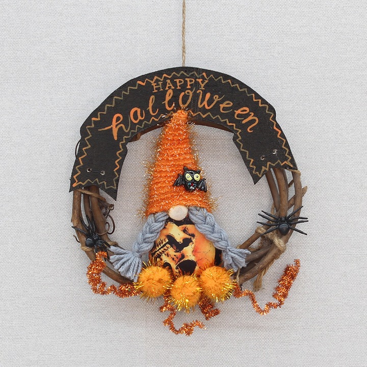 Coronita de Halloween decorativa cu papusa si paianjeni, cu text Happy Halloween, pentru usa si fereastra, portocaliu/negru, 20 cm