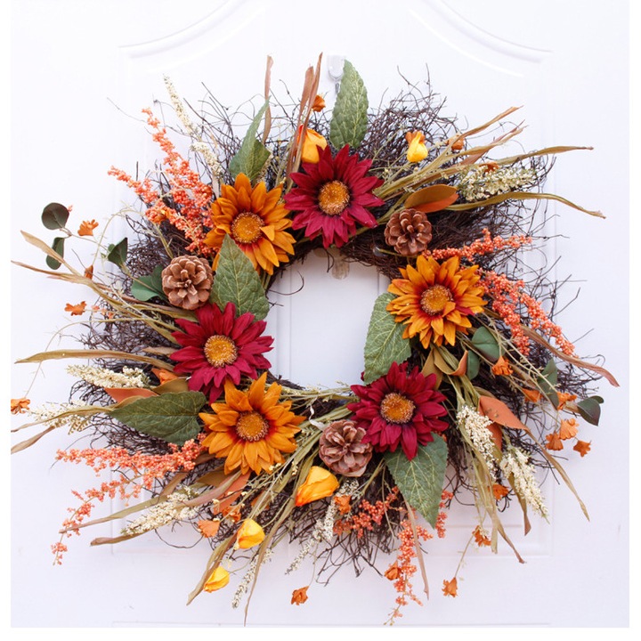 Coronita de toamna Halloween, floarea-soarelui, dovleac, fructe, multicolor, 30x30cm