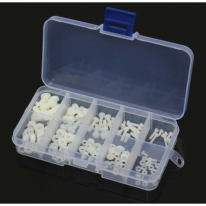 Set 150 piese suruburi, piulite si saibe din nylon (poliamida), marimi M2-M5, rezistente la rugina si impermeabile, organizate in cutie din plastic, Alb