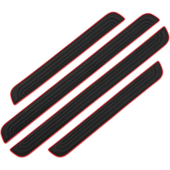 Set 4 protectoare prag auto din cauciuc, autoadezive, design 3D embosat, rezistente la apa si temperaturi inalte, negru/rosu