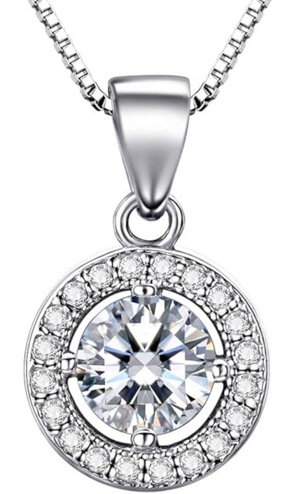 Colier cu pandantiv, argint sterling 925 placat cu aur alb 18k, cu cubic zirconia rotund 6 mm 3A si cristale inconjuratoare, argintiu, 45 cm
