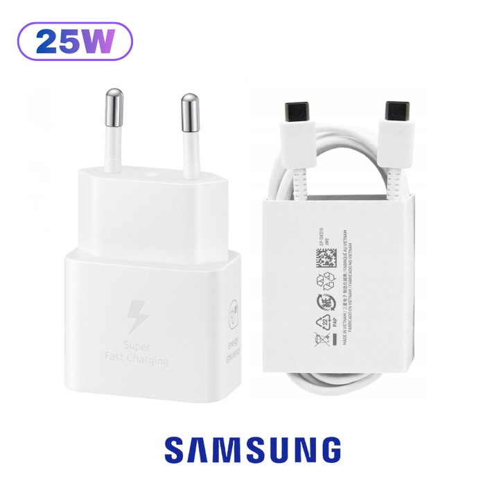 Incarcator Retea Premium Samsung, 25W, USB-C, cu Cablu 3A 60W 1.8m, Alb