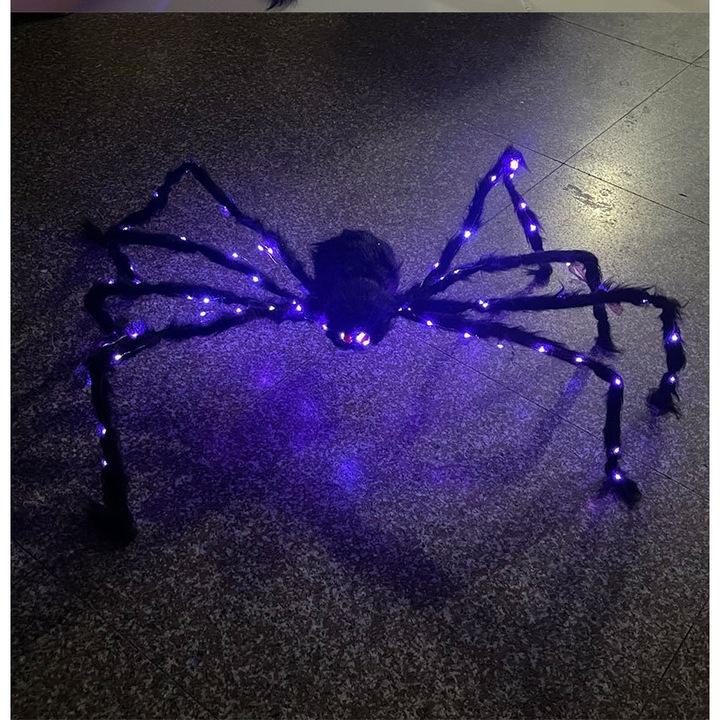 Halloween dekorációs pók 50cm, plusz lila LED-del, hajlítható drótlábak, állítható, fekete