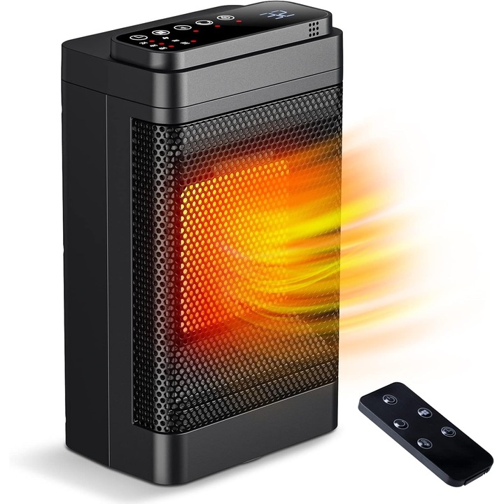Kerámia elektromos radiátor 1500W, távirányító, 70°-ban oszcilláló, 24 órás időzítő, fehér, kompakt