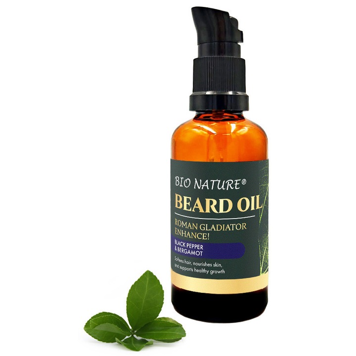 Масло за брада Bio Nature Roman Gladiator, масло за грижа за брадата, органично, с арганово масло и витамин Е, с черен пипер и бергамот, кехлибар, 50 мл
