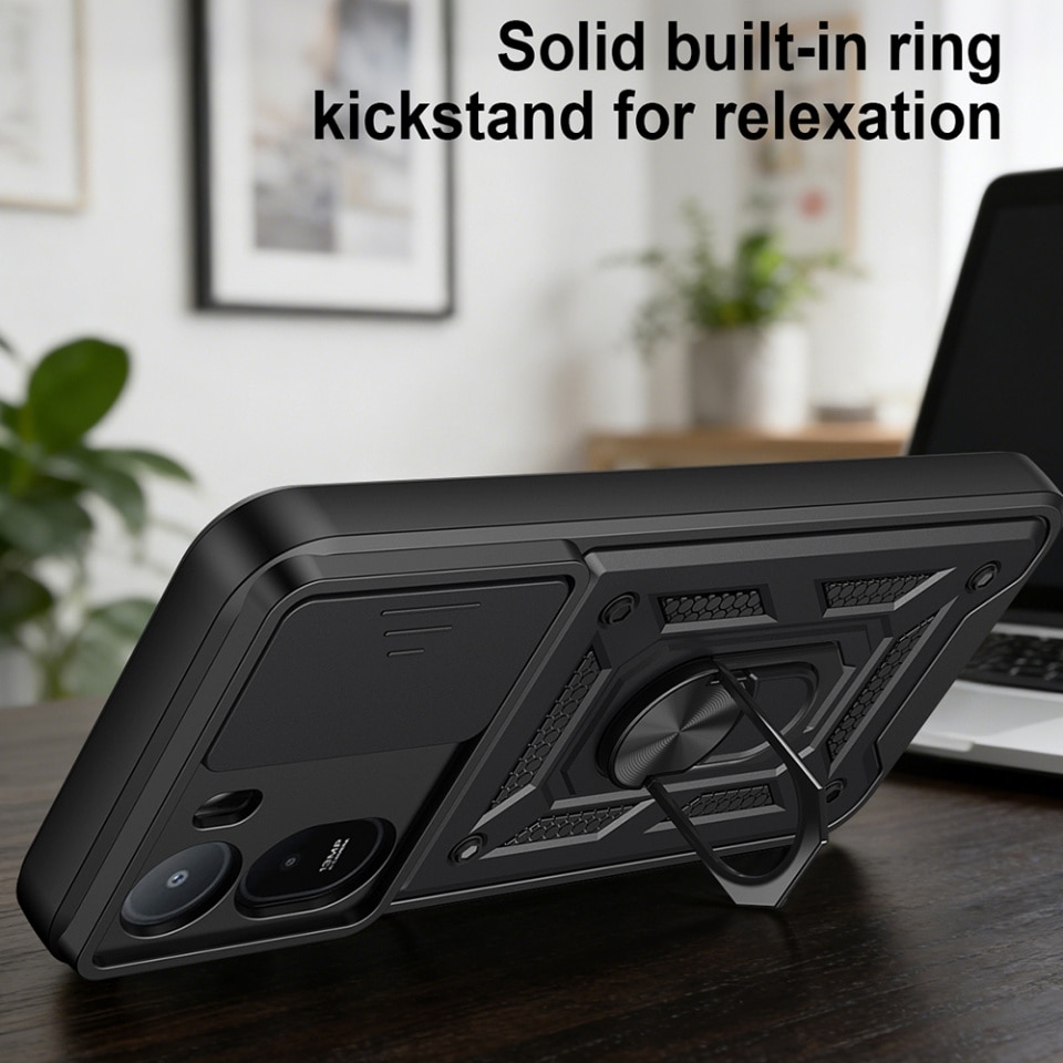 Husa pentru Xiaomi Redmi A7 Pro 4G, protectie camere, Inel magnetic, set cu sticker, CamShield, Negru
