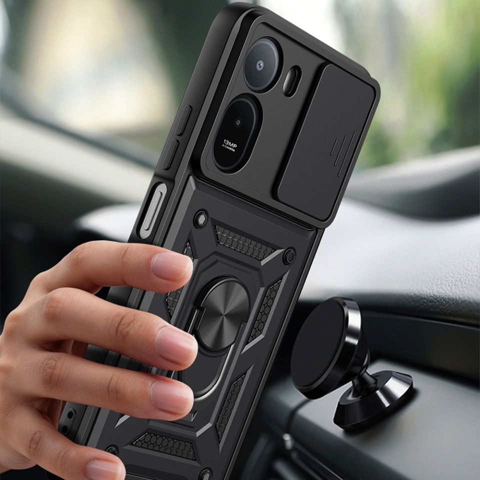 Husa pentru Xiaomi Redmi A7 Pro 4G, protectie camere, Inel magnetic, set cu sticker, CamShield, Negru