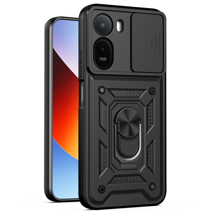 Husa pentru Xiaomi Redmi A7 Pro 4G, protectie camere, Inel magnetic, set cu sticker, CamShield, Negru