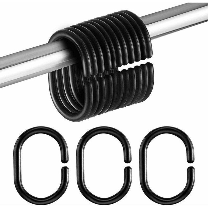 Inele pentru perdea de dus/carlige pentru perdea, din silicon flexibil, design C usor de montat, diametru interior 4.3 cm, negru, 24 buc