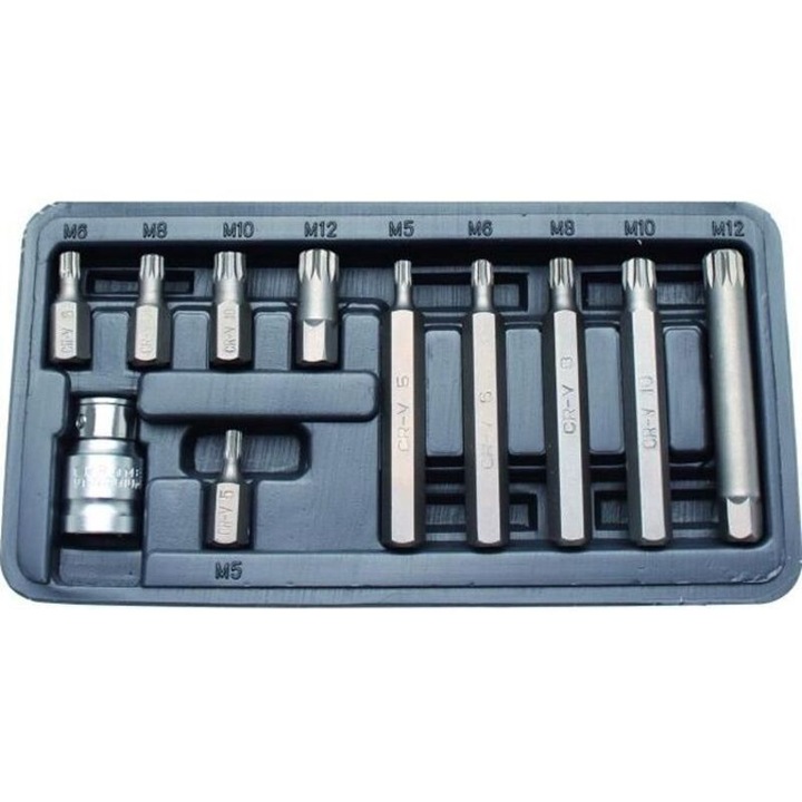 Set biti surubelnita si adaptoare, din otel crom-vanadiu, pentru surubelnite de impact si chei cu clichet, M5 M6 M8 M10 M12, lungimi 30/75 mm, adaptor 1/2", Argintiu, 11 piese