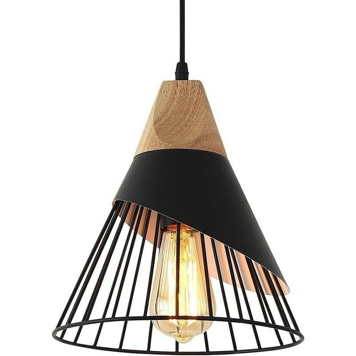 Lampa suspendata vintage, pendul compatibil E27, din metal si lemn, 2 adaptoare E27 incluse, cablu 100 cm, max 60W, negru, o25 x 26 cm
