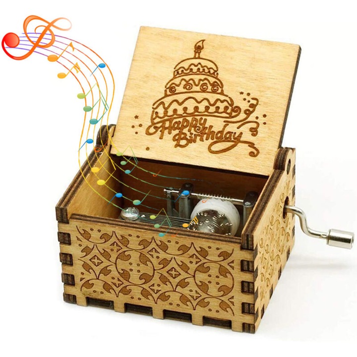 Cutie muzicala Happy Birthday, din lemn, cu mecanism manual cu manivela, gravata, natur, 1 buc