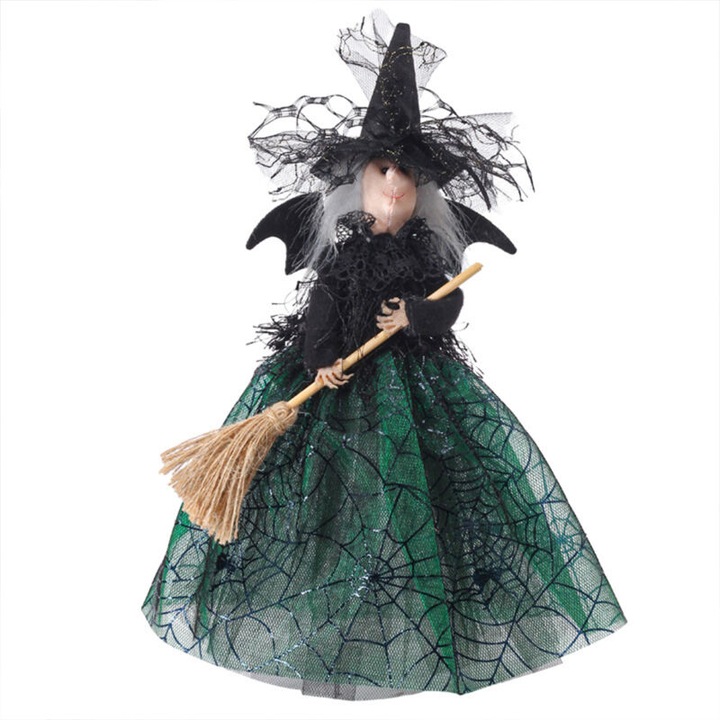 Figurina decorativa vrajitoare, decoratiune de Halloween din organza cu imprimeu panza de paianjen, cu dantela si detaliu auriu, baza conica pentru asezare pe birou sau varful bradului, negru/verde, 1 buc