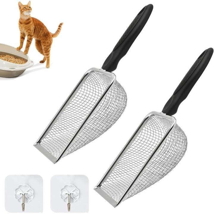 Set 2 lopetici pentru nisip de pisici, sita din otel inoxidabil perforat, plasa 3.8 mm, maner anti-alunecare cu carlig, negru/argintiu