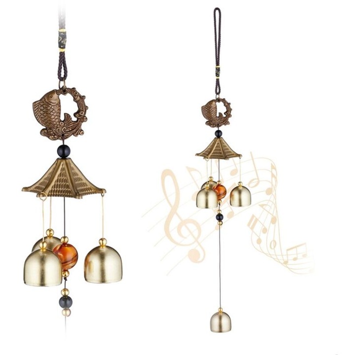Set 2 clopotele eoliene carillon, din metal si plastic, cu sunet linistitor, in stil asiatic, auriu/negru, 32 x 7.5 x 7.5 cm