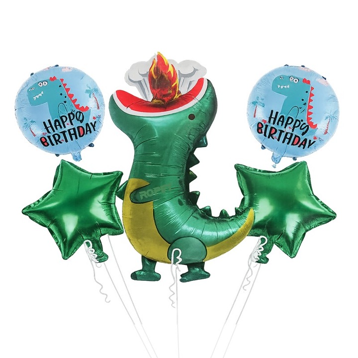 Set 5 Baloane Folie Dinozauri, Verde, 45-87 cm, Ropet