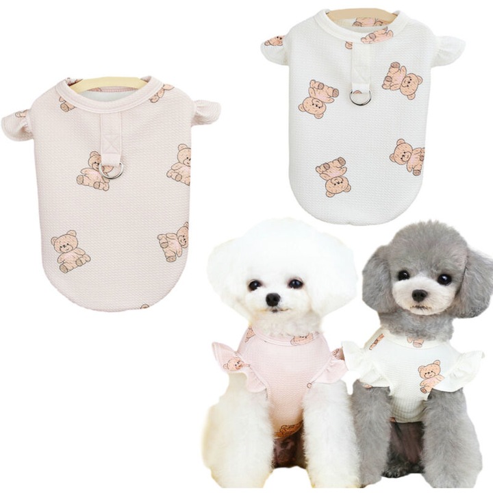 Costum pentru caine din poliester, tip camisola cu imprimeu ursulet, respirabil, cu inel pentru lesa, Roz/Alb, S/M