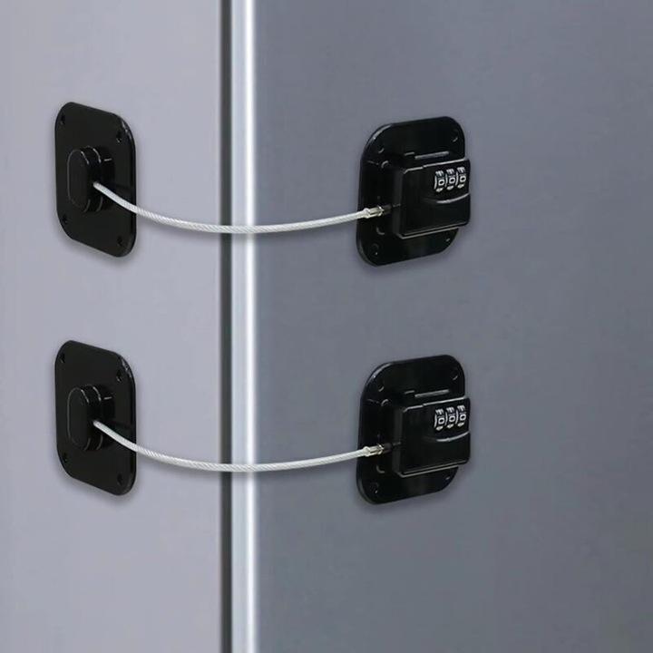 Incuietoare cu cifru pentru frigider, lacat cu combinatie 3 cifre, cablu otel rasucit 3 mm, carcasa ABS si elemente din inox, adeziv 2.8x2.8 in, Negru, 1 buc