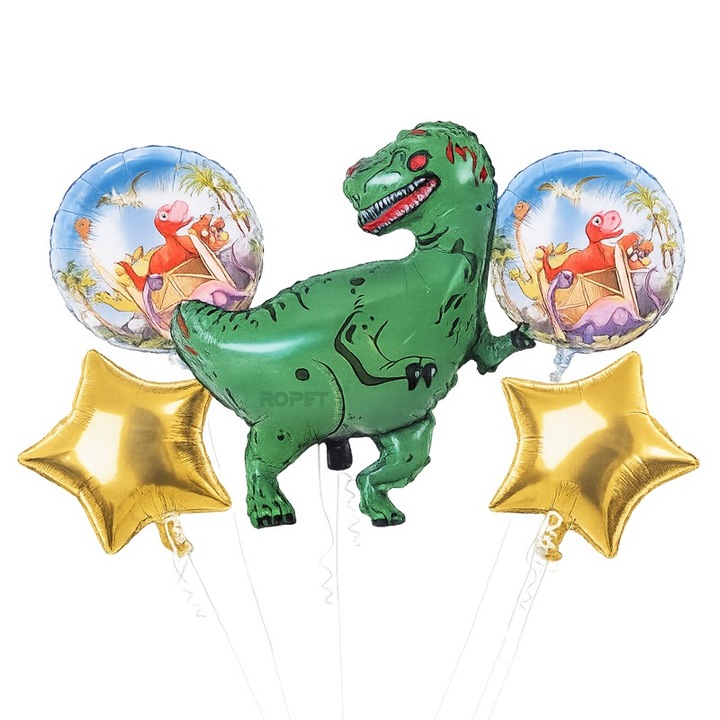 Set 5 Baloane Folie Dinozauri, Verde, 45-86 cm, Ropet
