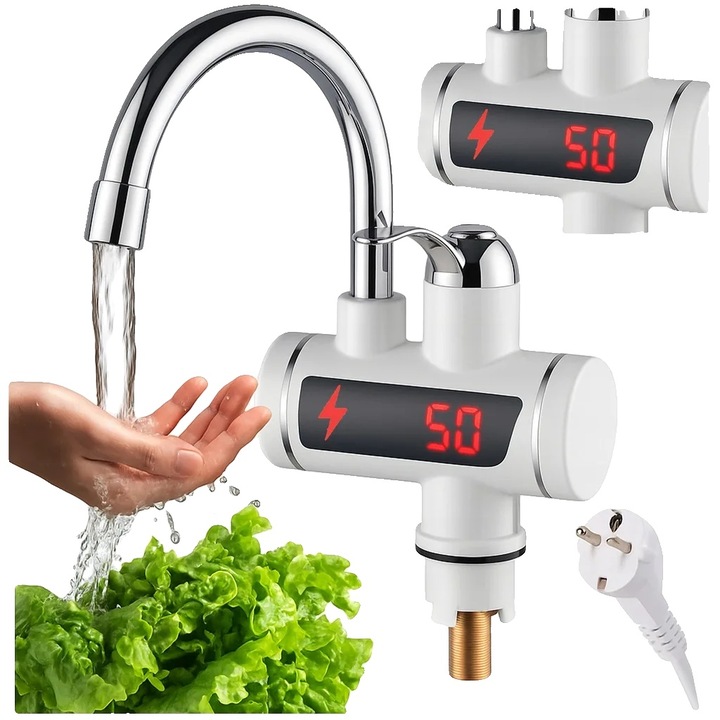Incalzitor de apa electric instant, boiler electric, 3000W, 220-240V, cu afisaj LCD si reglaj temperatura pana la 60°C, IPX4, alb/negru, 30 cm inaltime, cablu 98 cm