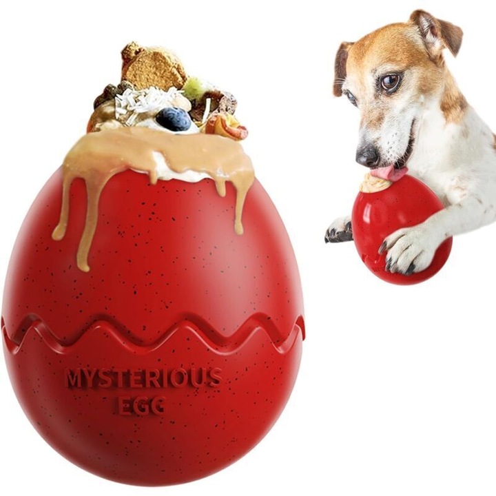 Jucarie pentru caini Mysterious Egg, ou dino 3-in-1 (mestecare, alimentare, joc de aruncat), slow feeder, din PP alimentar, Rosu, 1 buc