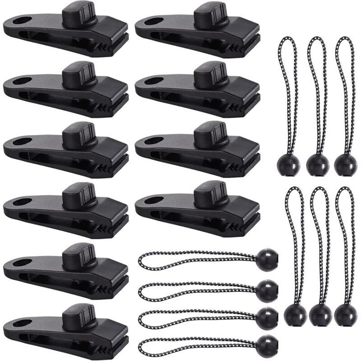 Set 20 cleme clips pentru prelata si cort, cu prindere tip dinte si surub reglabil, sfori elastice rezistente incluse, Negru, 8 x 2.7 x 3 cm