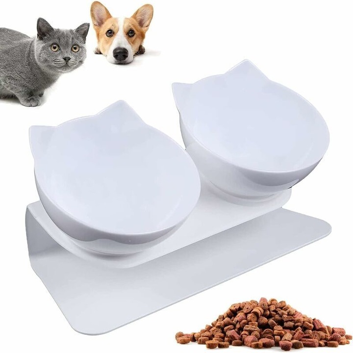 Boluri pentru pisici, 2 in 1, anti-alunecare, unghi 15°, alb, 30x15x10cm