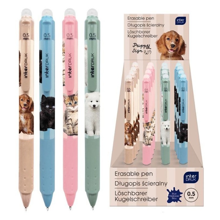 Radírozható toll INTERDRUK Puppy Sign, visszahúzható, markolattal, 0.5 mm-es hegy, Többszínű, 24 db