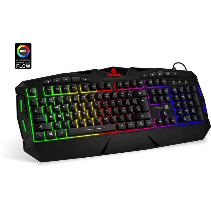 Connect IT BIOHAZARD billentyűzet, gaming, RGB szivárvány világítás 5 fokozatban állítható, 10 multimédia gomb, CZ+SK kiosztás, USB, fekete