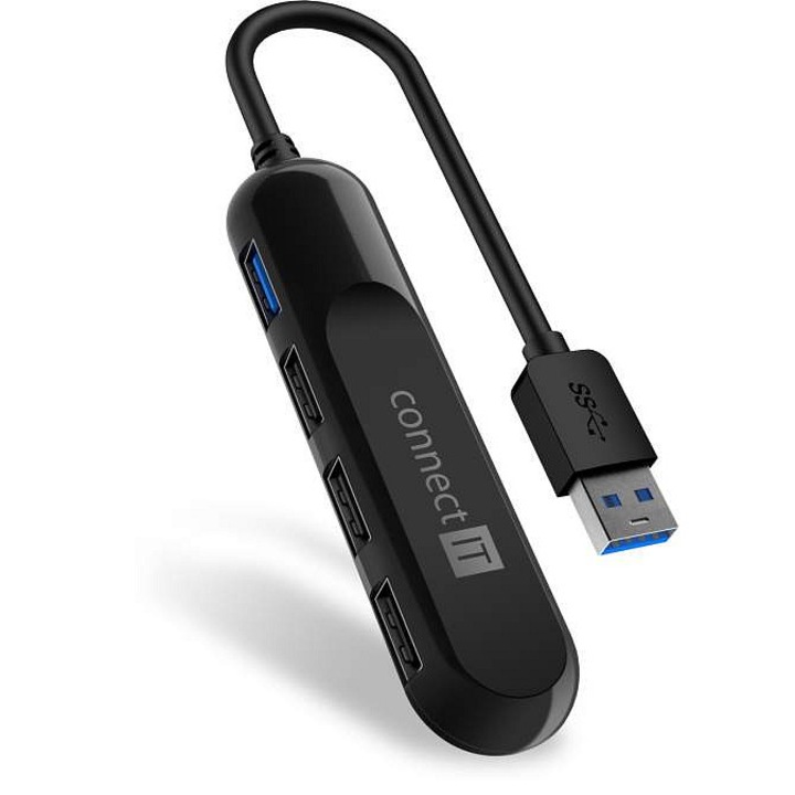 Hub USB Connect IT extern, USB hub 3.0, 4 porturi (1x USB 3.2 Gen1 5 Gbps, 3x USB 2.0), plug & play, negru, cablu 10 cm
