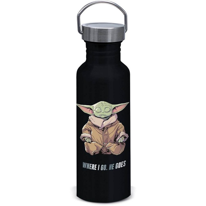 Алуминиева бутилка/канче STOR Mandalorian Grogu, с капачка на винт, с дръжка за закачане, черна, 815 ml